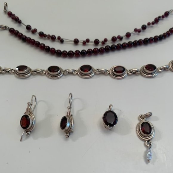 Garnet Silver Bracelets/Pendant/Earrings Set of 6 - Picture 2 of 4